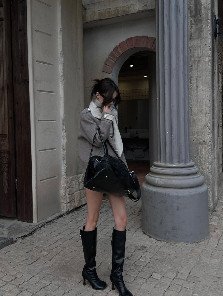 Hytemoly wool blend double-sided contrast wool coat classic loose fit, loose and airy short woolen tweed coat