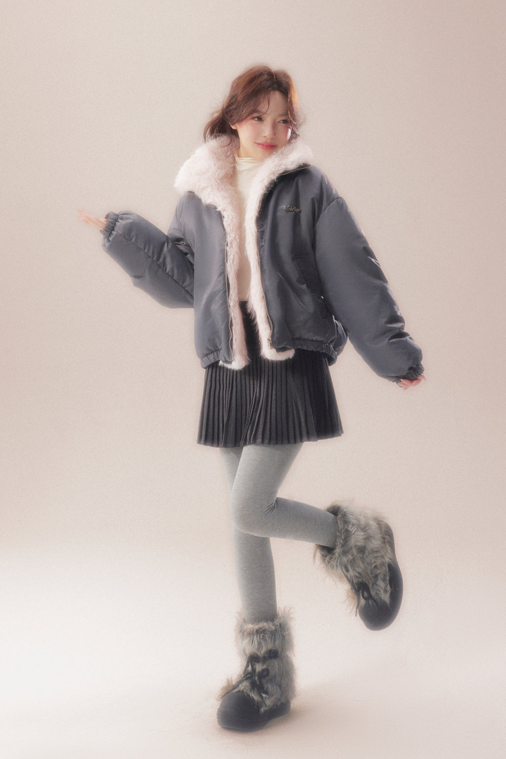 AOORAA 【Winter New Arrival】Original Design Patchwork Fleece Jacket "Cherry Blossom Snow"