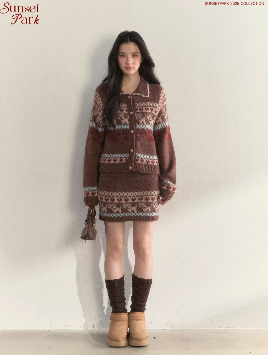 SUNSETPARK "Fair Isle Dog" retro dark gray knitted cardigan and skirt by SunsetPark, suitable for spring.