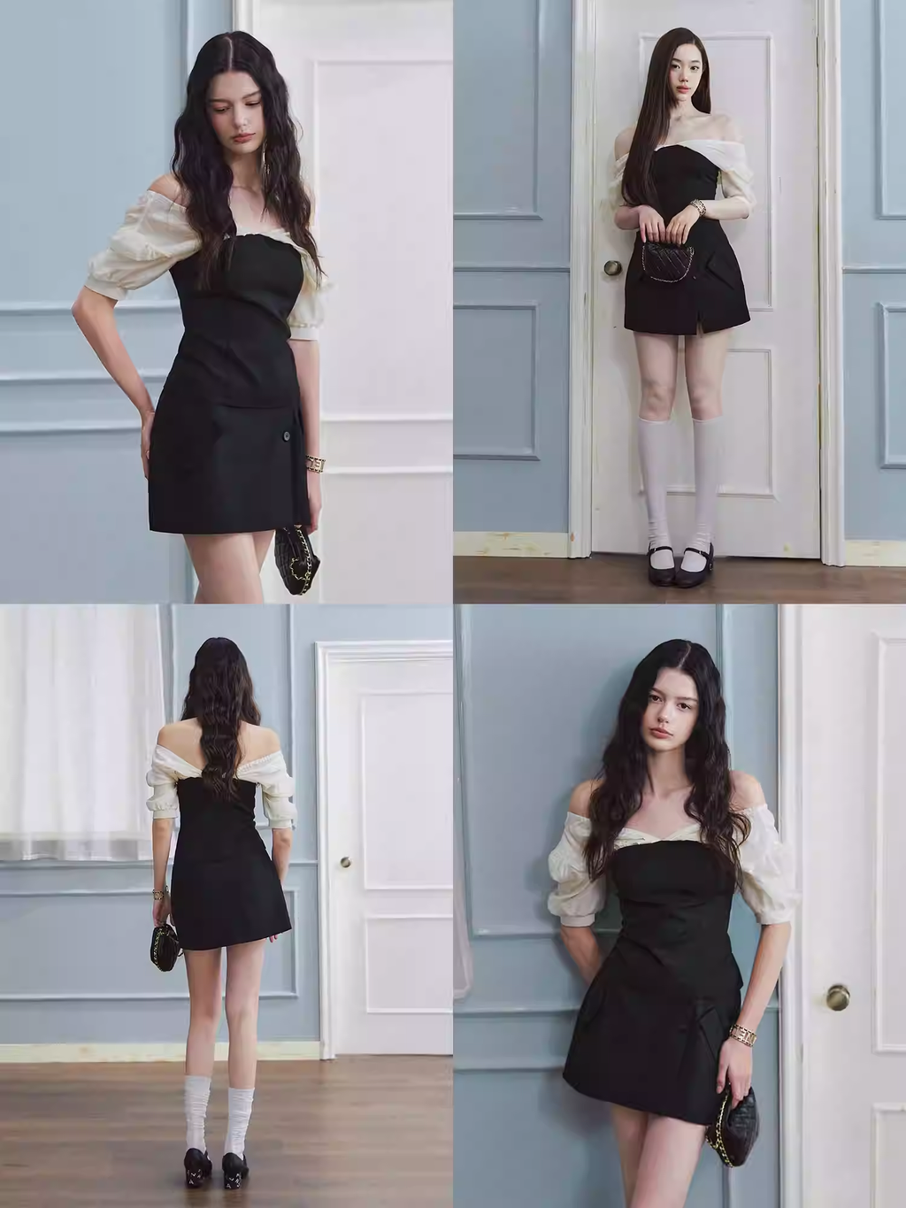 LaLuneDuCiel Two-piece shirt without shoulder straps, puffed sleeves, tight fit, sweet and gentle design for women