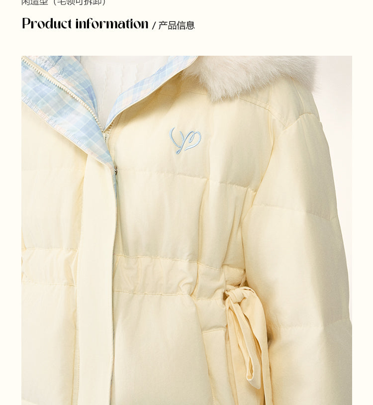 UMOUMO [90% White Duck Down] Mushroom Sweet Waist Slimming Two-Way Placowork Patchwork Down Jacket with Hood and Detachable Fur Collar