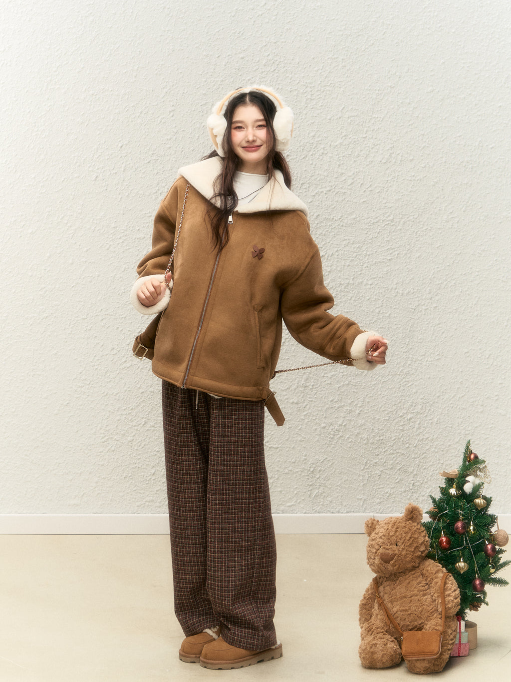 Women's winter warm thick fur coat, warm fur collar, top designed with suede ELEVEN SLEEP