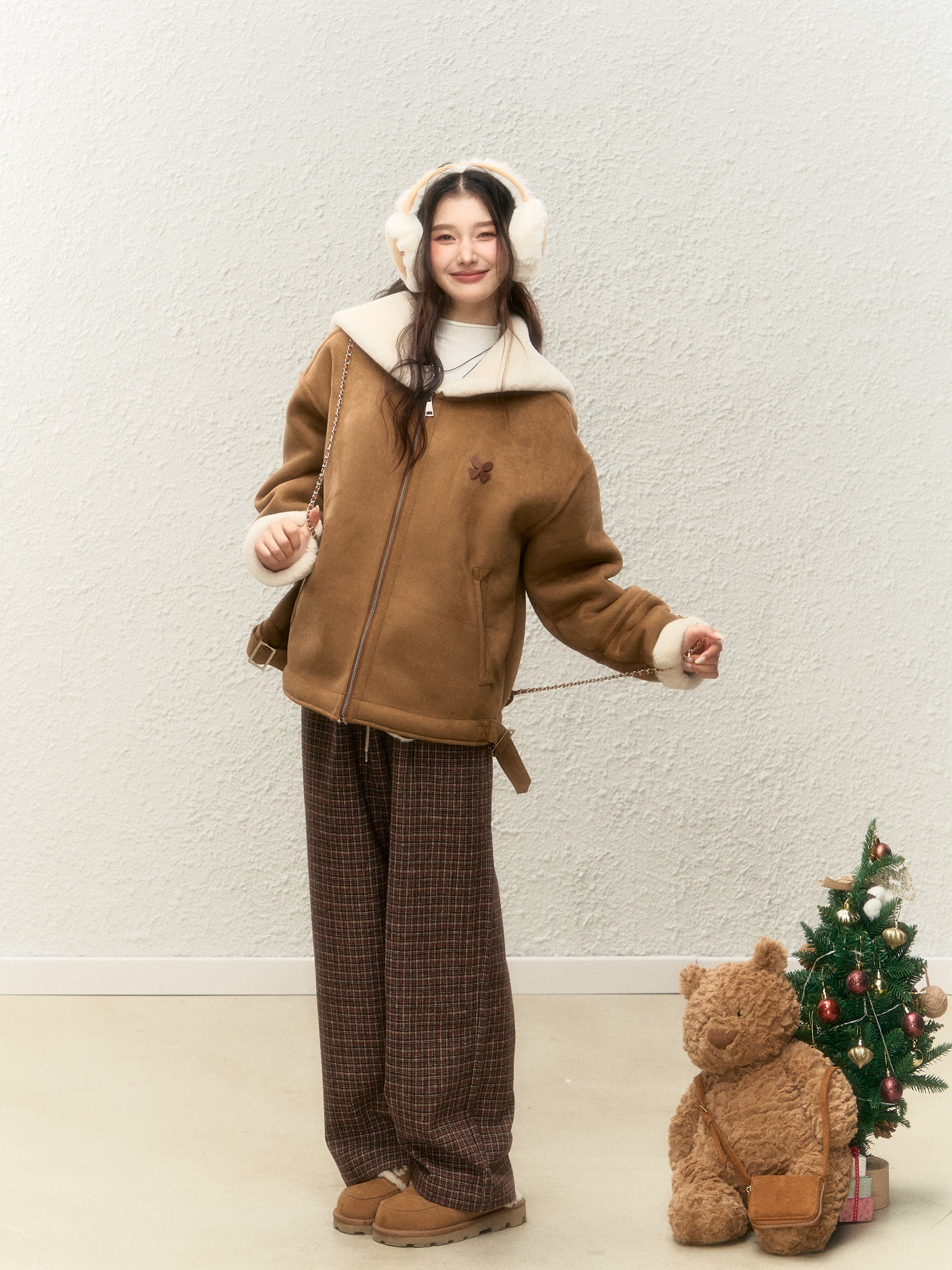 Women's winter warm thick fur coat, warm fur collar, top designed with suede ELEVEN SLEEP