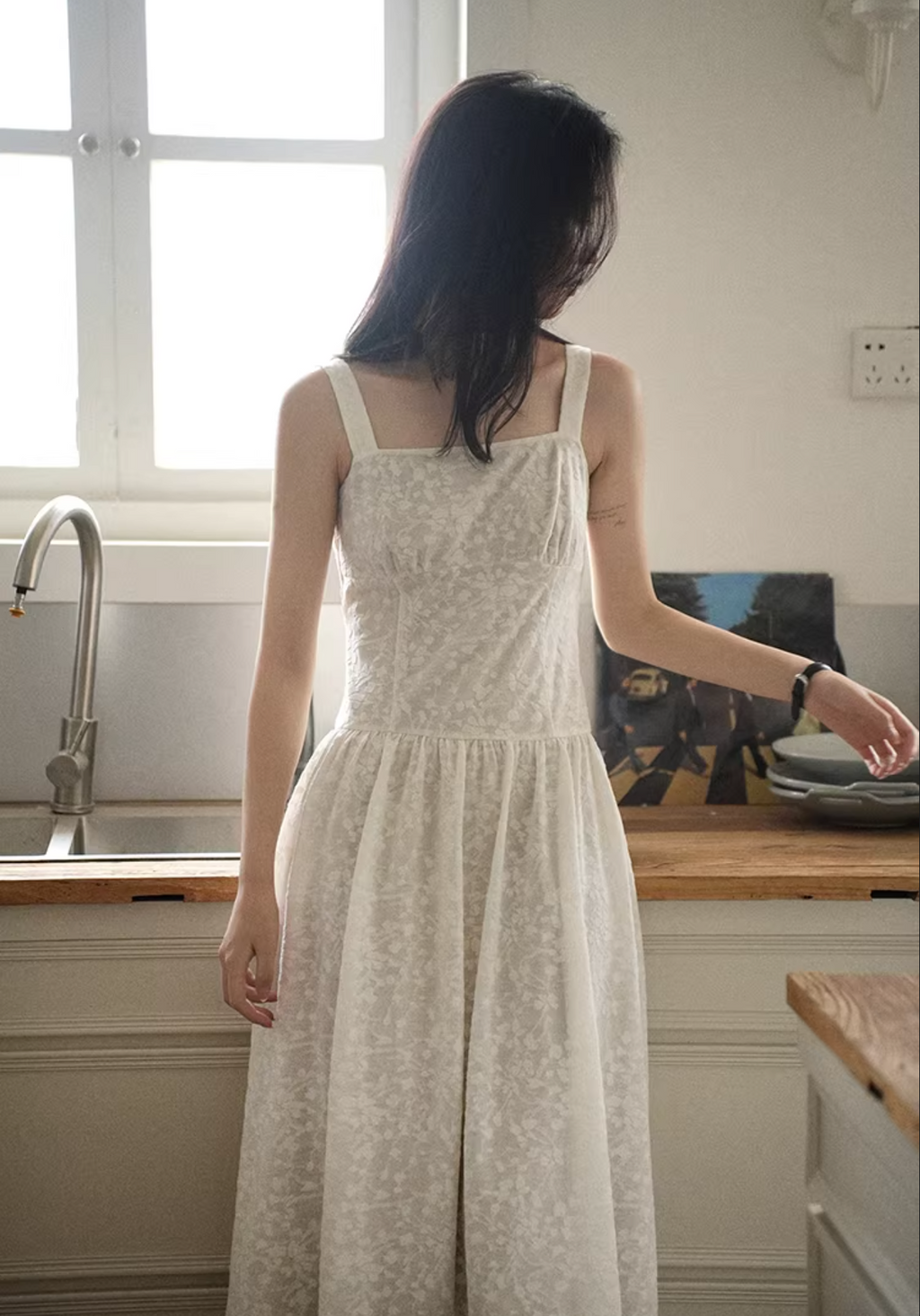 LALAGOW French Jacquard lace long dress with slim shape and thin straps for women, elegant summer long dress