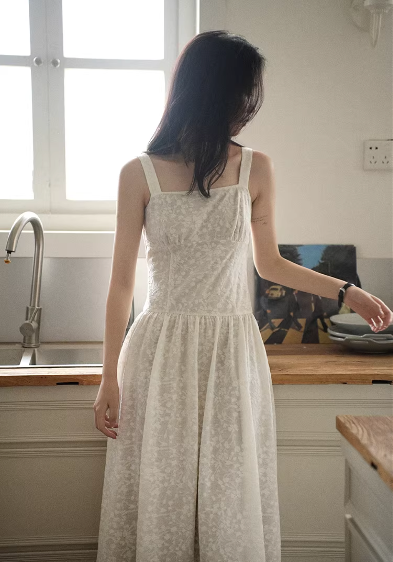 LALAGOW French Jacquard lace long dress with slim shape and thin straps for women, elegant summer long dress