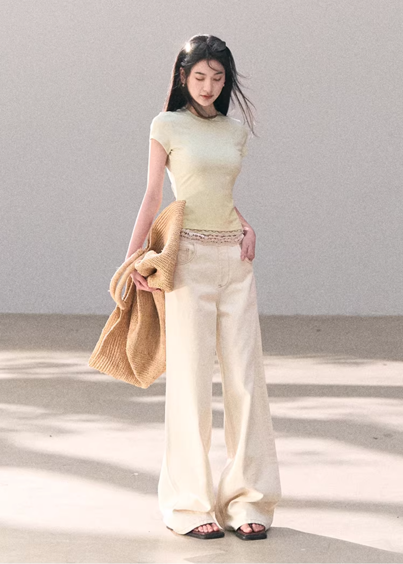 OAKMOO Wide-leg straight jeans with Bohemian-style patchwork lace.