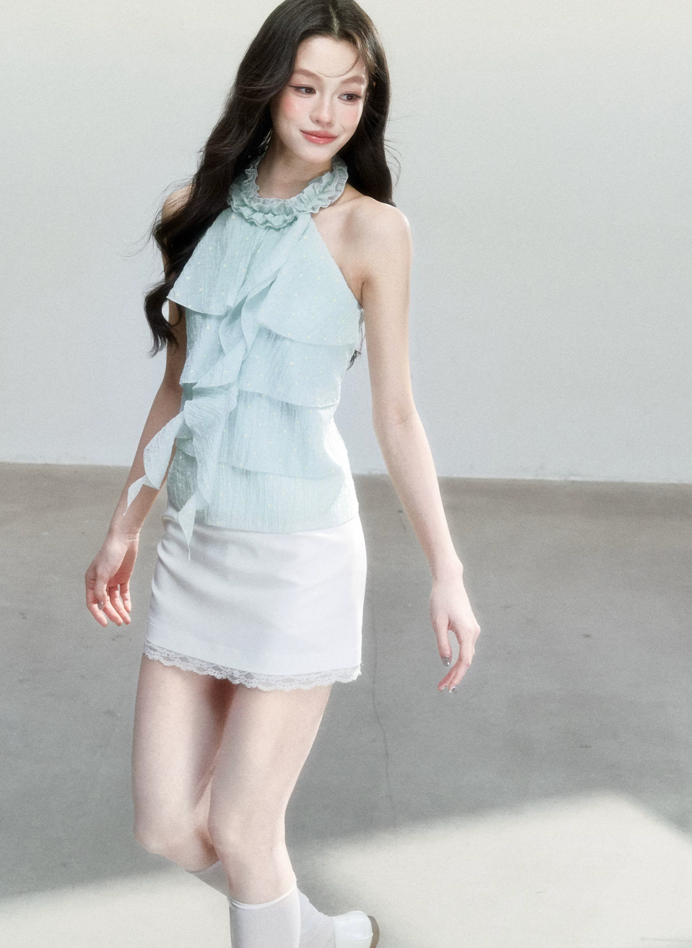 Fragile Heart Sweet Korean style polka dot tank top with ruffled off-shoulder t-shirt for summer