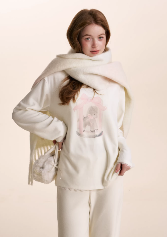 KROCHE Loose long-sleeved T-shirt, thick material, hand-painted Pony print, Kroche 25aw gift box.
