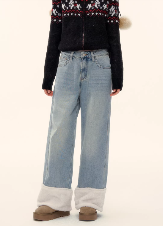 AsGony wide-leg straight jeans with fleece lining at the hem - Wide fit, flattering, comfortable, versatile, fleece-lined long pants.