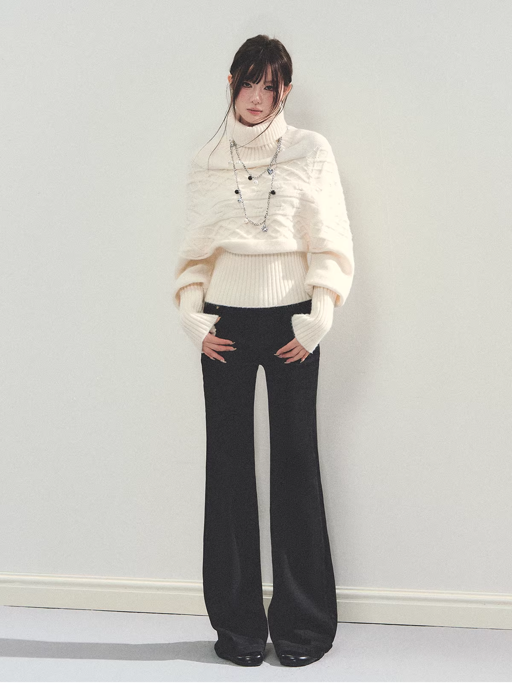 ANDYET AD1 Women's knitted batwing sleeve sweater, high neck, slim waist, loose and flattering fit.