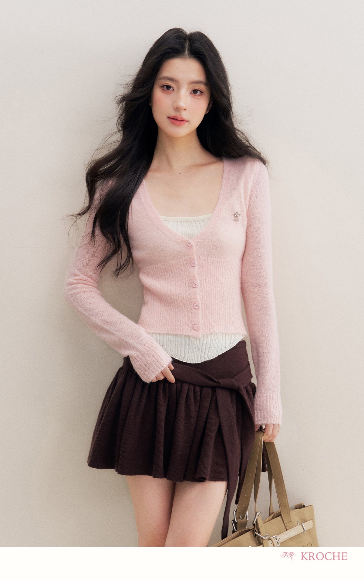 Kroche Romantic French Wool Blend V-Neck Two-Piece Knit Cardigan Contrast Color 25AW