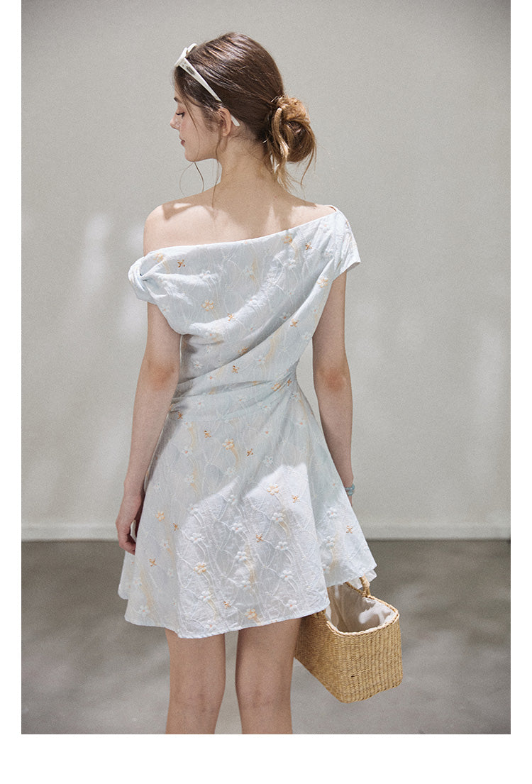 "Star Mist Hazy" Off-shoulder pleated floral print mini dress for women, summer Callmelater
