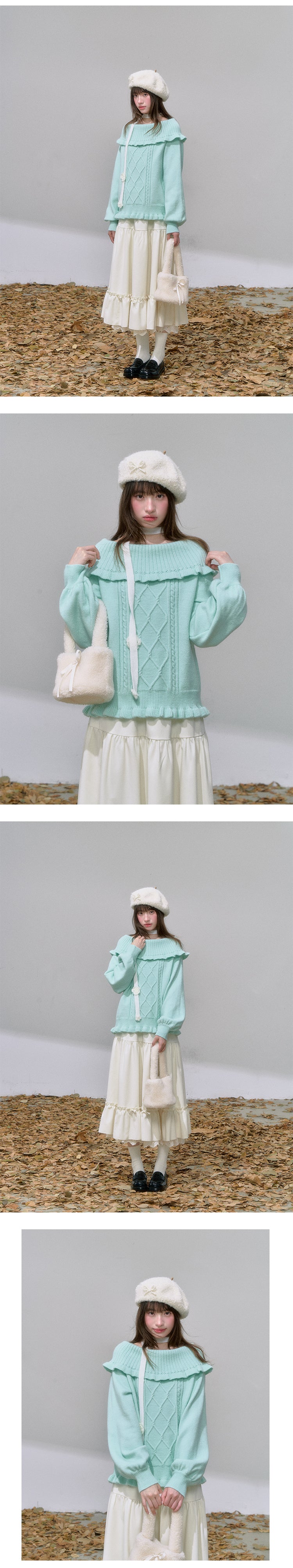 CANSTOREGIRLS Canned Goods Store Women's Mint Green Winter Off-the-Shoulder Rope Knit 'Mint Cloud Poem'