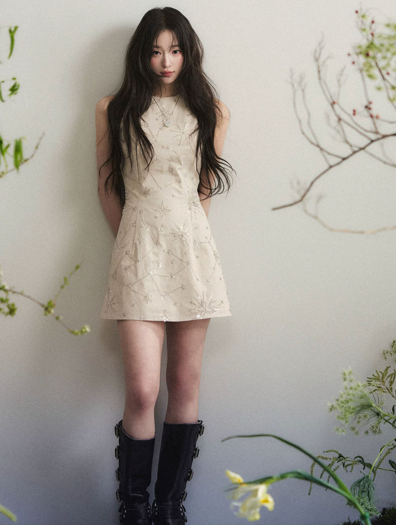1P STUDIO Apricot halter neck dress with elaborate beaded embroidery for women, slim summer fit, sleeveless short dress that flatters the figure.