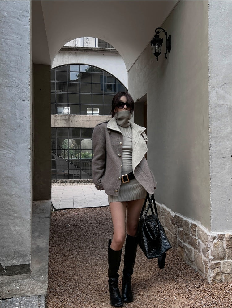 Hytemoly wool blend double-sided contrast wool coat classic loose fit, loose and airy short woolen tweed coat