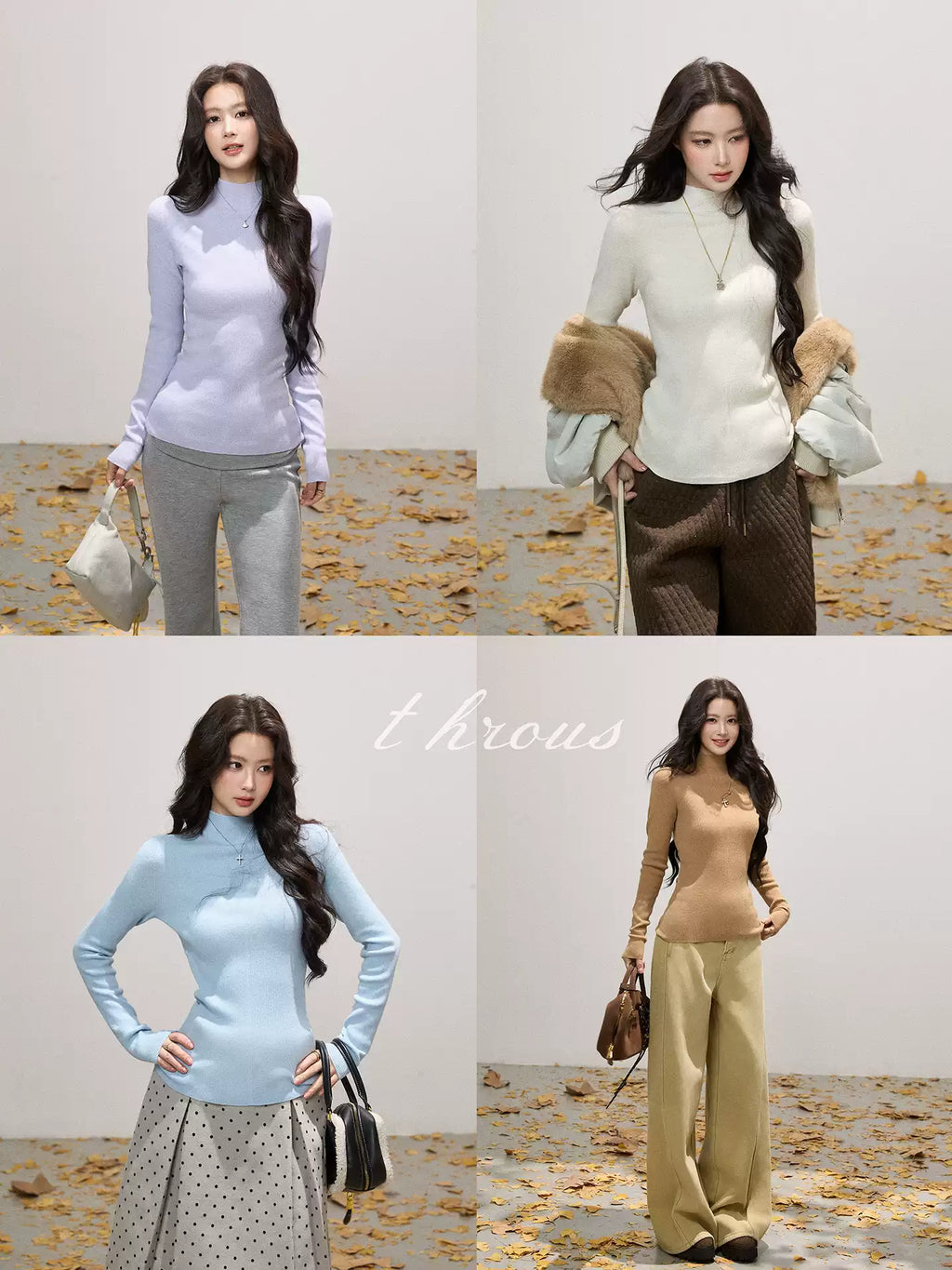 THEROUS Skin-colored knitted sweater, high neck, slim fit, a simple winter lining in Korean style.