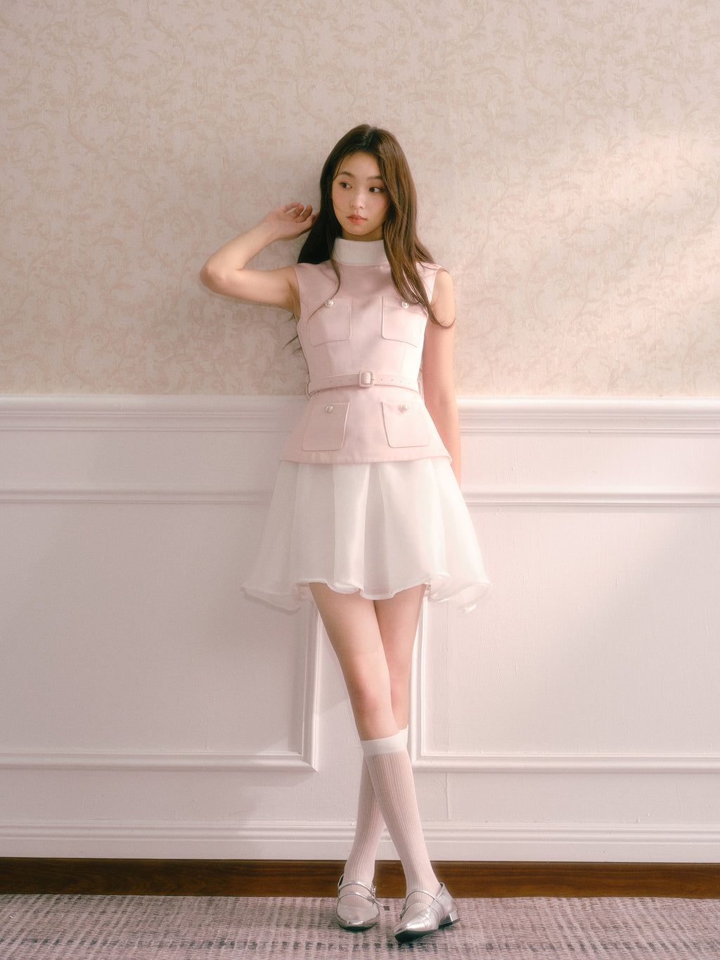 Pink satin dress with faux pearl mini turtleneck two-piece with puffy skirt and belt Recit