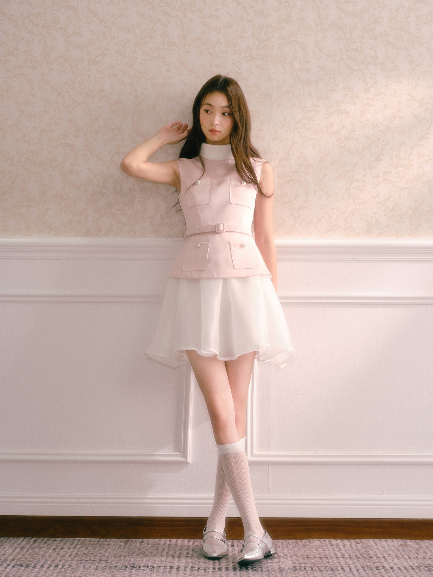 Pink satin dress with faux pearl mini turtleneck two-piece with puffy skirt and belt Recit