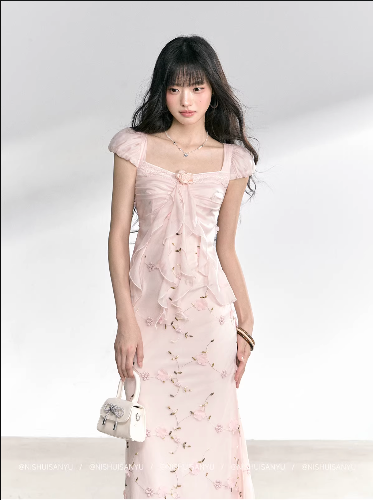NSSY NSSY two-piece long dress with three drowned fish pattern, green, chiffon material, 3D floral pattern