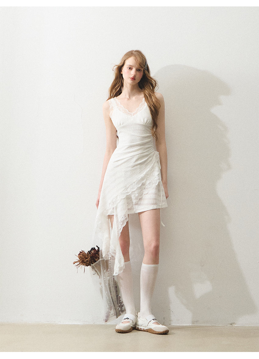 Free Afternoon White Asymmetrical Layered Strapless Lace Boholbling Dress