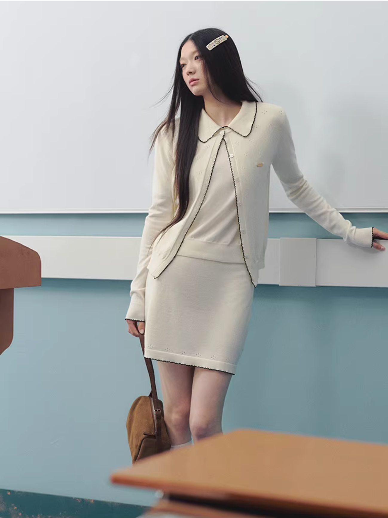 LaluneDuCiel Women's outfit includes knitted floral cardigan, short sleeves and knee-length skirt, French style