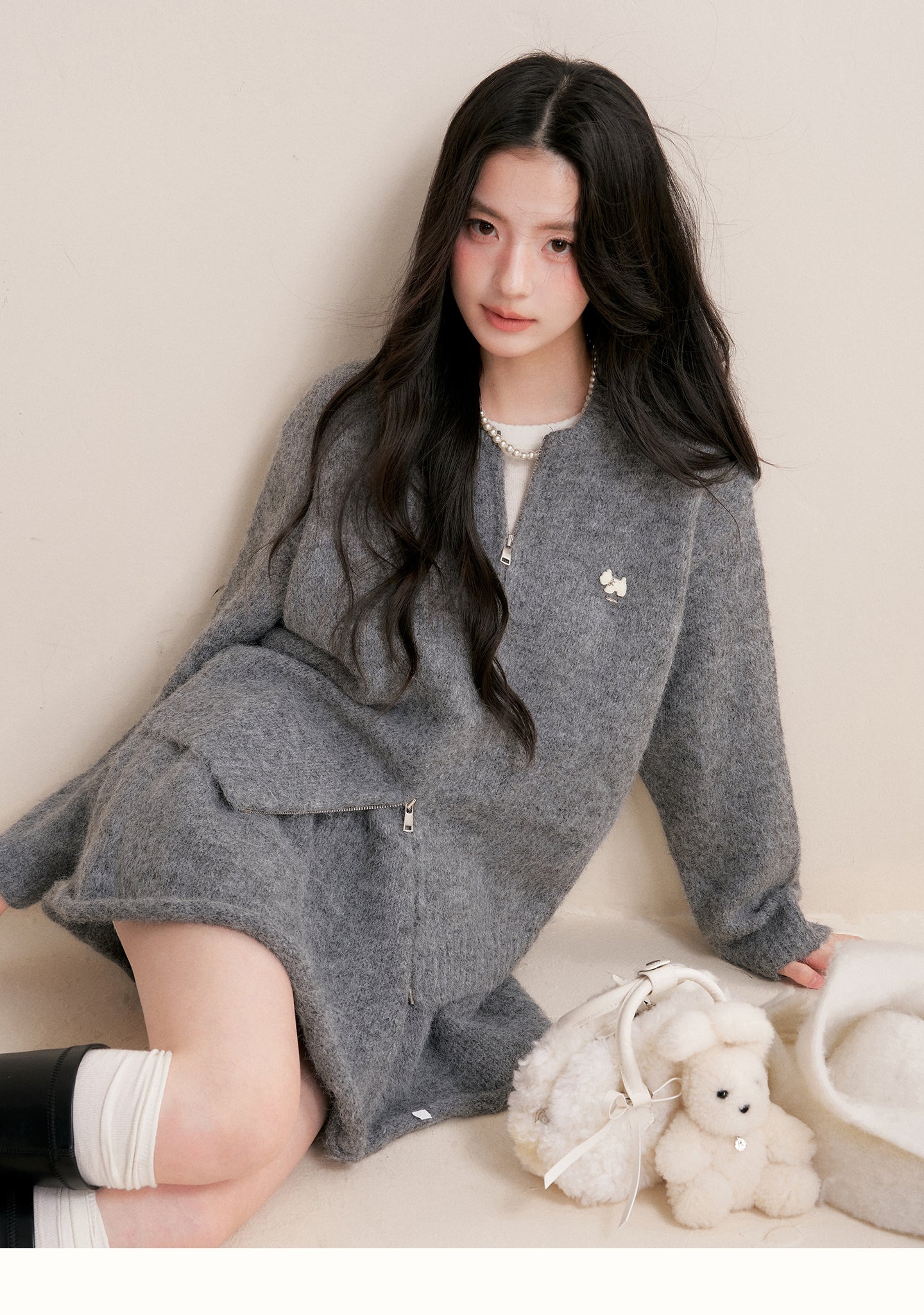 KROCHE Winter Warm A-line Cardigan Sweater Set Gray Double Zipper for Puppy 25aw