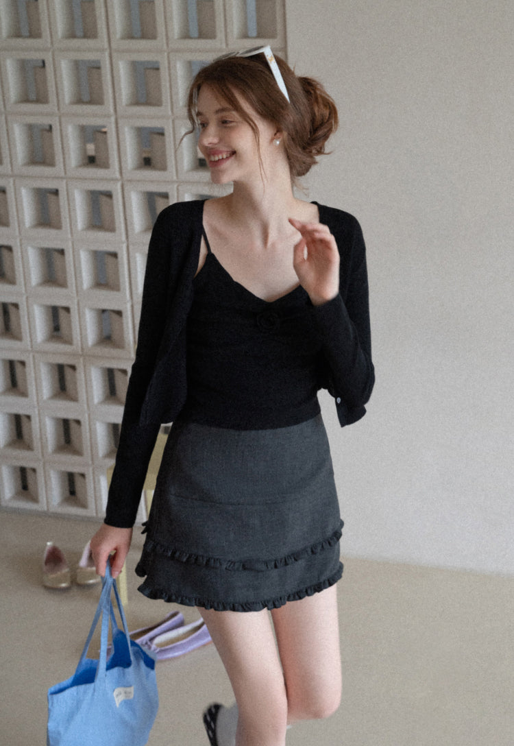 French style two-layer ruffled A-line dress for early autumn, high waist, body-hugging, anti-revealing EGGKA