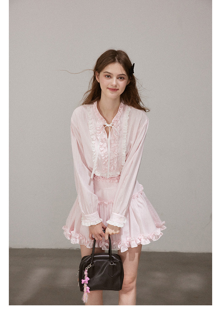 Set "Mist Color Dreamweaver" Women's French ruffled long sleeve shirt and designer mini skirt