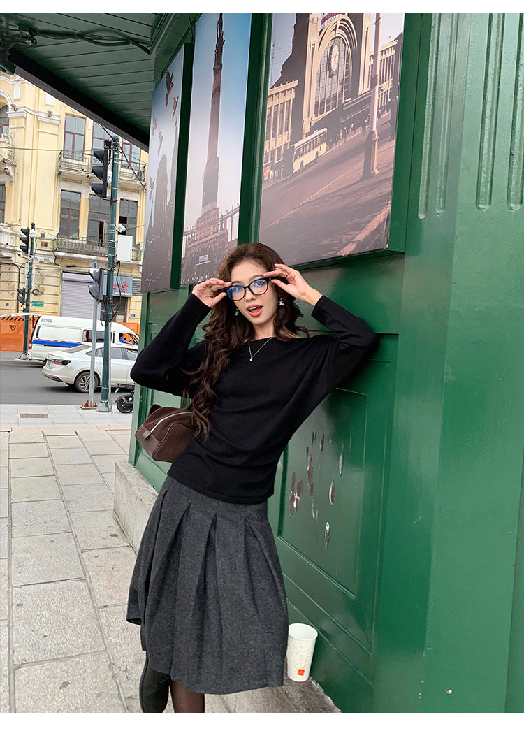 Pusumede one shoulder long sleeve sweater original color temperament female design cross shoulder t-shirt