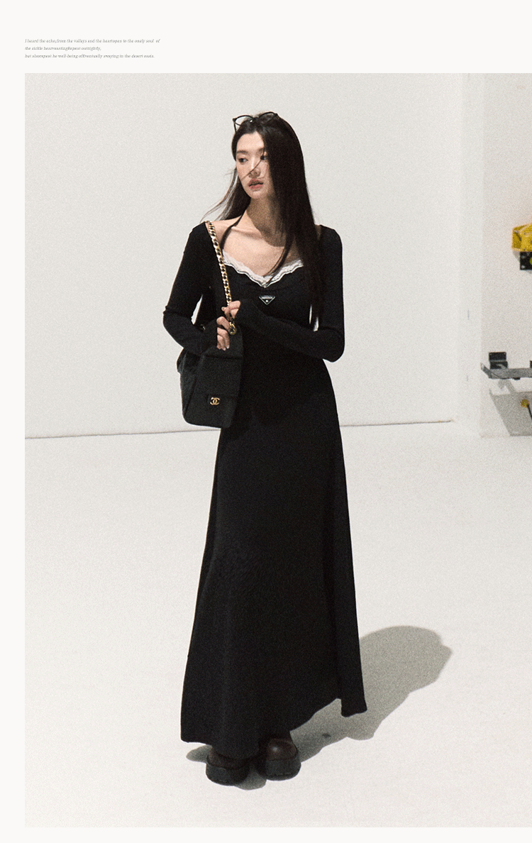 OAKMOO Black Two-piece Long Sleeve Faux Lace Halter Neck Waist Tie Dress, Autumn/Winter Long Dress with Waist Tie