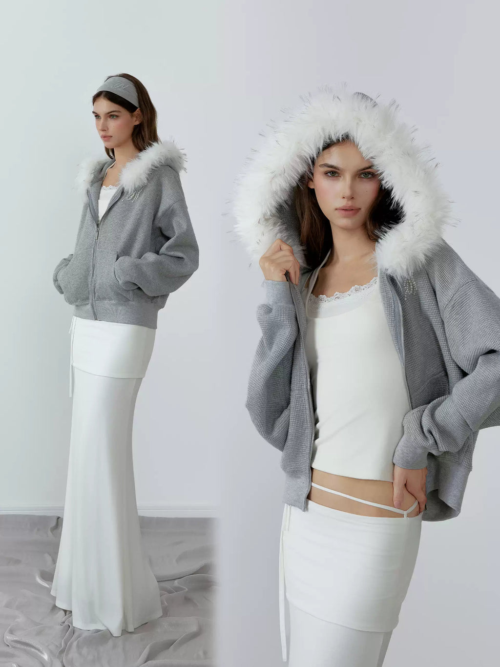 Grey fleece jacket with hood and fur collar