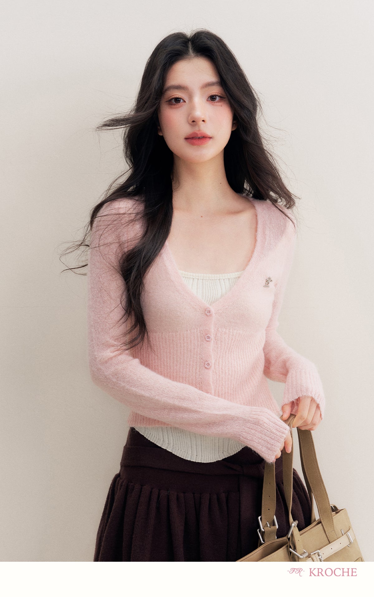 Kroche Romantic French Wool Blend V-Neck Two-Piece Knit Cardigan Contrast Color 25AW