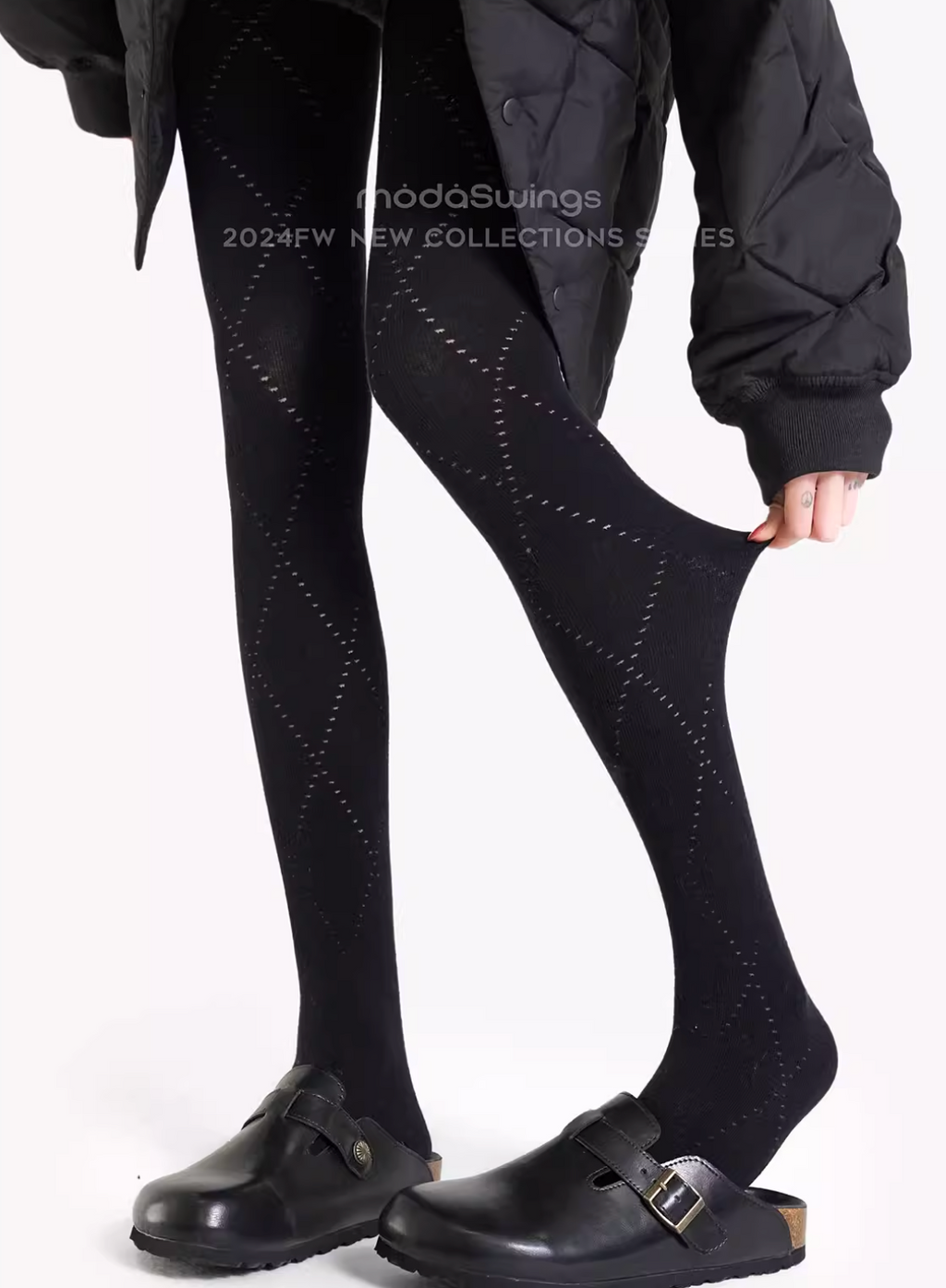 MODASWING ModaSwings women's tights in classic brown, diamond pattern, preppy style, plain cotton, gray.