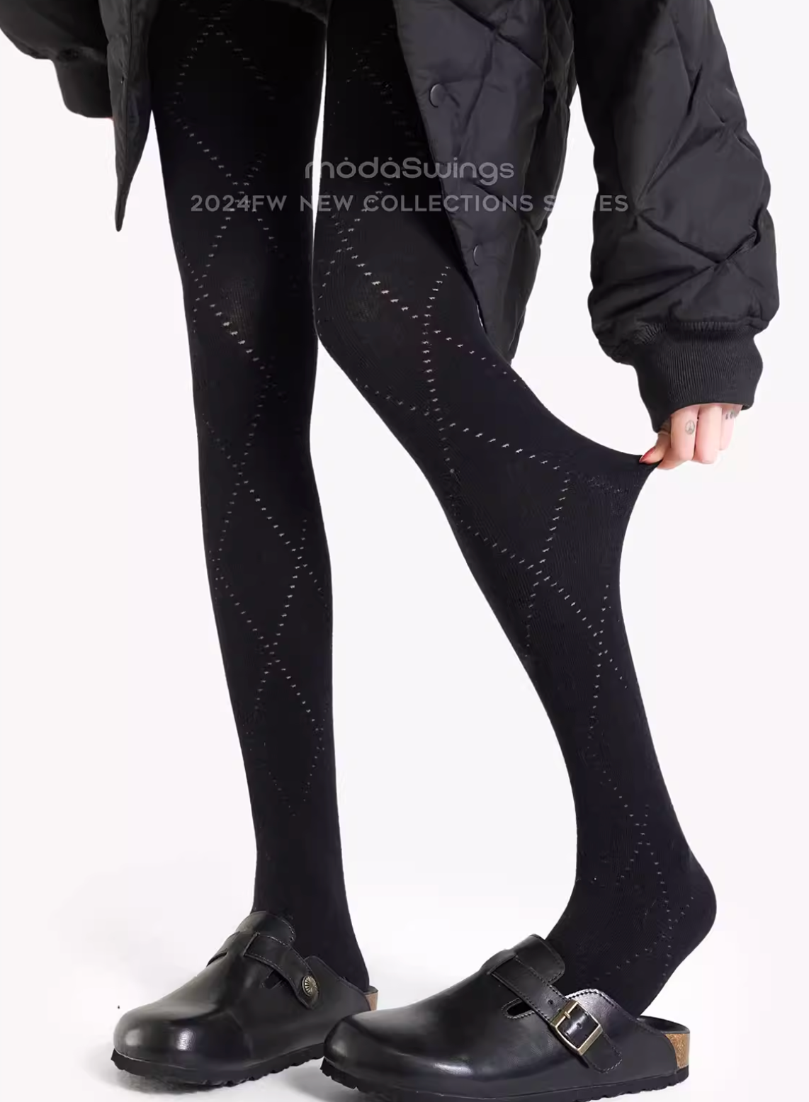 MODASWING ModaSwings women's tights in classic brown, diamond pattern, preppy style, plain cotton, gray.