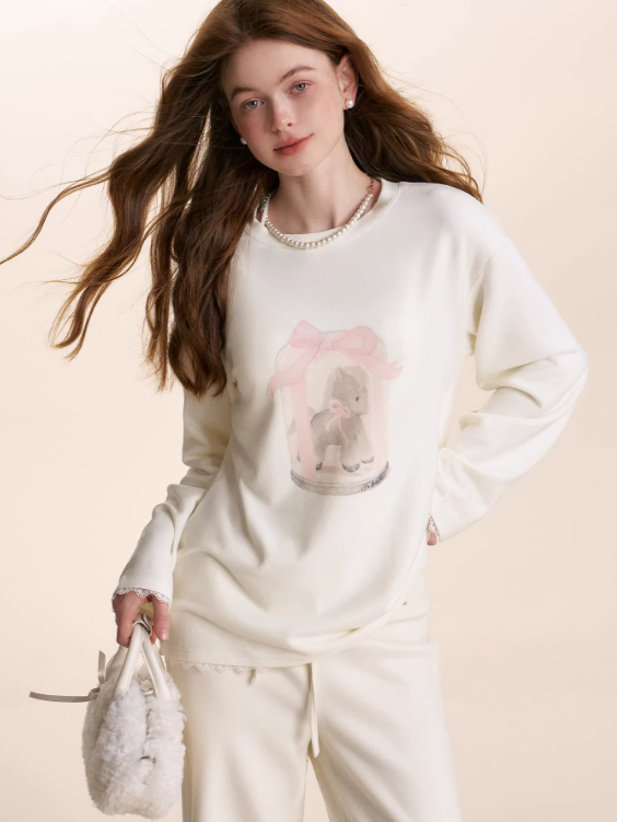 KROCHE Loose long-sleeved T-shirt, thick material, hand-painted Pony print, Kroche 25aw gift box.