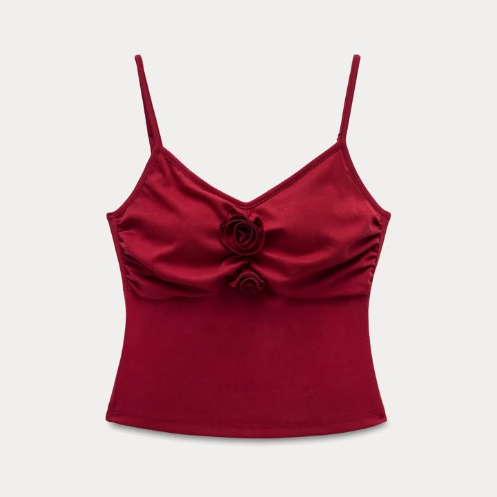 3D rose pleated camisole can be worn alone or with a slim-fit Eggka Cardigan