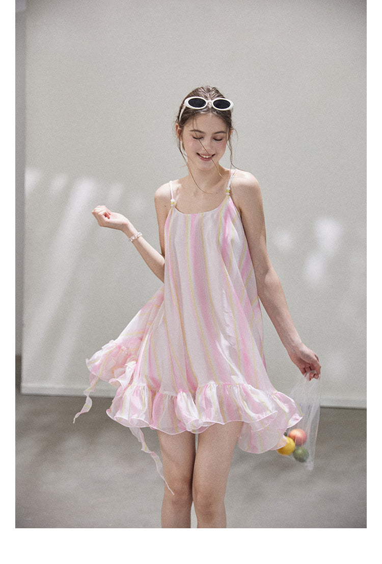 "Liuli Tangyu" Short, ruffled pinafore dress in a resort style, featuring a neon ombre Callmelater design.