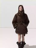 OAKMOO Brown wool jacket/short shirt with waist, stand collar, 100% mink fur material, mink fur collar, wool material, style "The passionate scent of flowers".