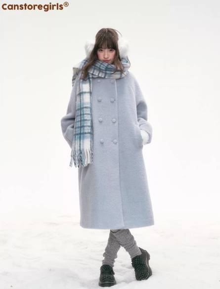 CANSTOREGIRLS Winter Blue Double Lapel Long Quilted Wool Overcoat