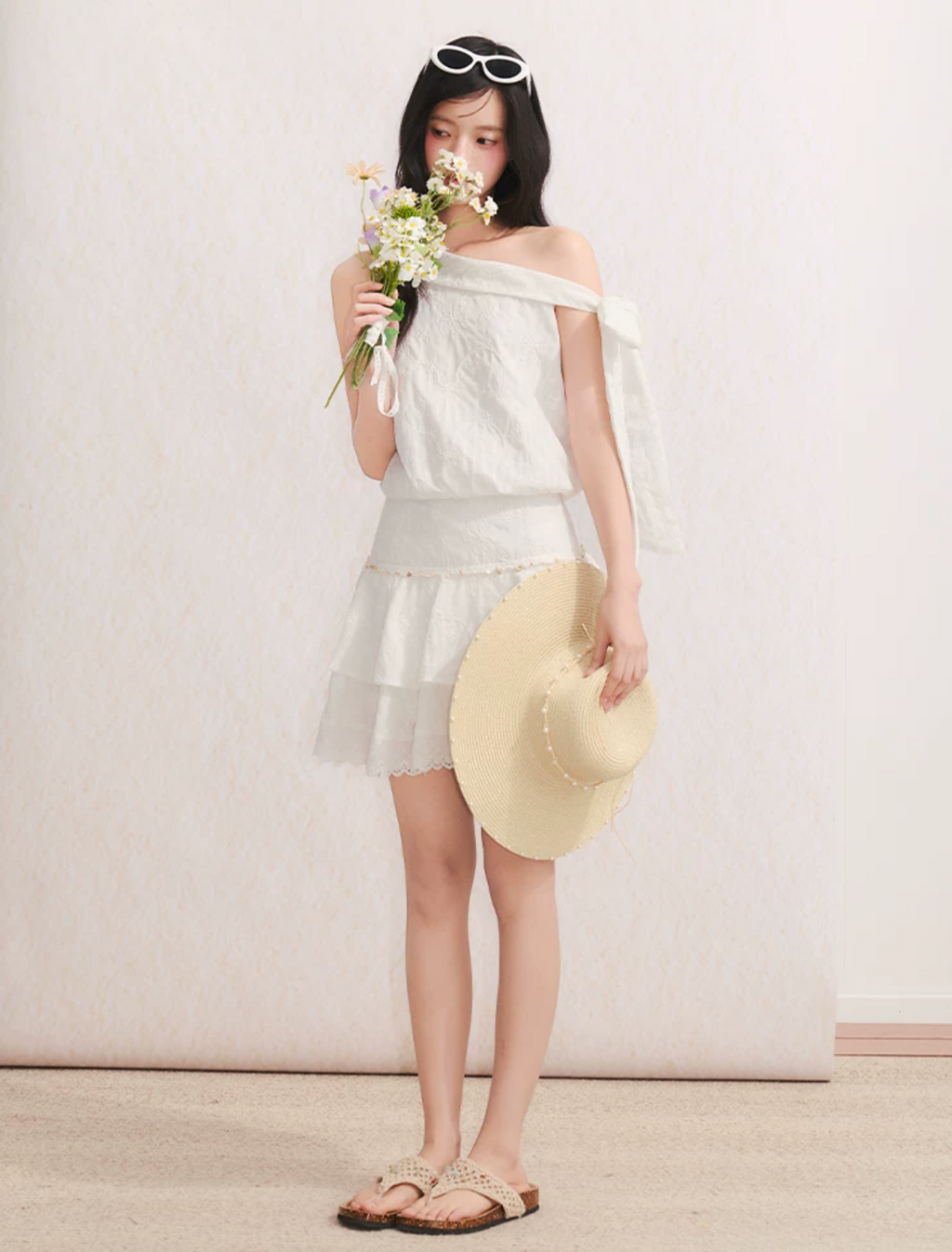 UMOUMO Sweet summer dress for girls, off-shoulder, pleated, floral pattern, butterfly waist.