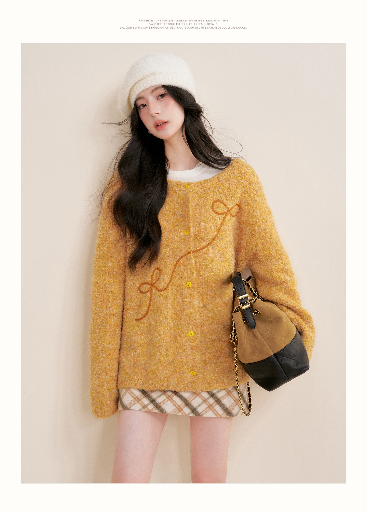 KROCHE Sunset Fluffy 25aw Thick Floral Bow Embroidered Cardigan