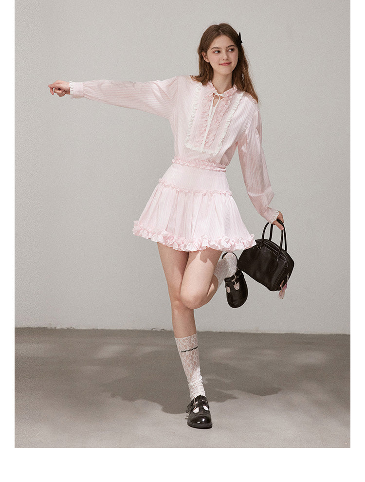 Set "Mist Color Dreamweaver" Women's French ruffled long sleeve shirt and designer mini skirt