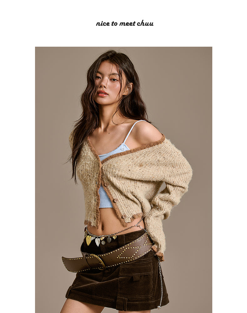 CHUU VネックセーターChuuホットガール女性冬2025新着ファッショナブルなショートカーディガンセーターで年齢を減らす