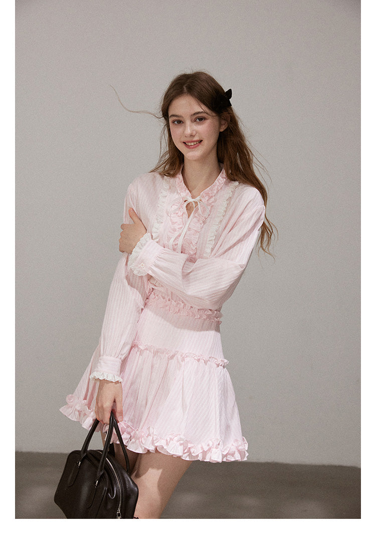 Set "Mist Color Dreamweaver" Women's French ruffled long sleeve shirt and designer mini skirt