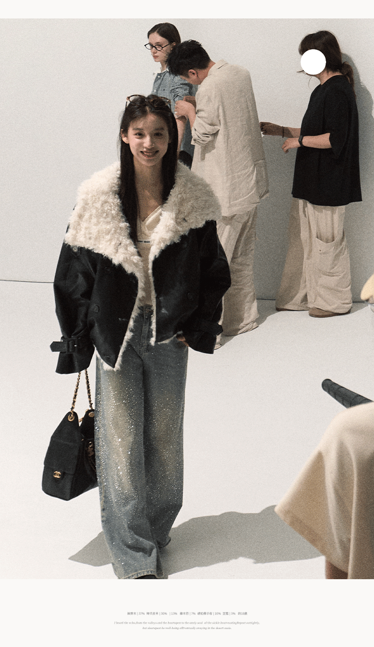 OAKMOO "One Night Osmanthus Tree" Women's Soft Fleece Short Leather Jacket Thick Lapel Winter