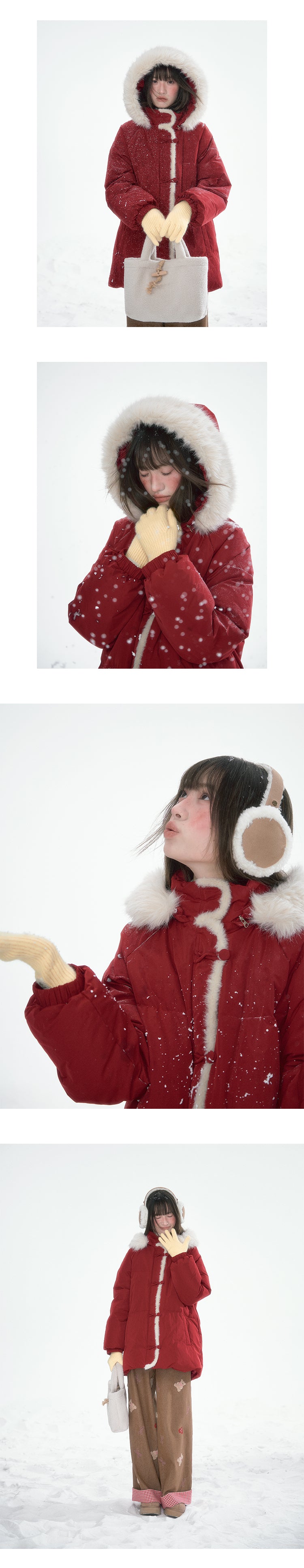 CANSTOREGIRLS New Winter Box Shop Christmas Women's Red Fur Collar Hooded Warm Coat 90% White Duck Down Coat