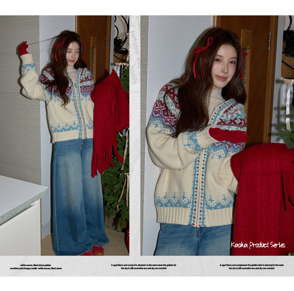 KAOKA Chaochao Fair Isle Beige Christmas Hooded Sweater Women's Long Sleeve Thick Sweater