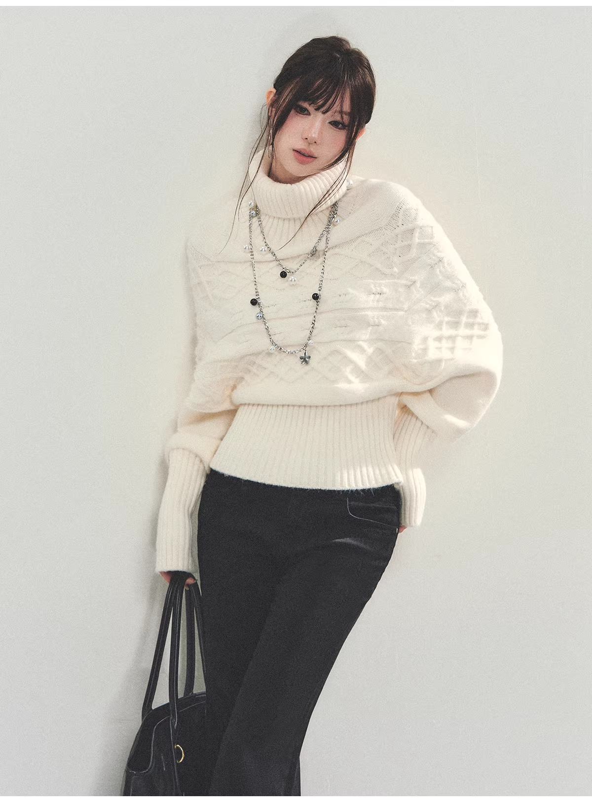 ANDYET AD1 Women's knitted batwing sleeve sweater, high neck, slim waist, loose and flattering fit.