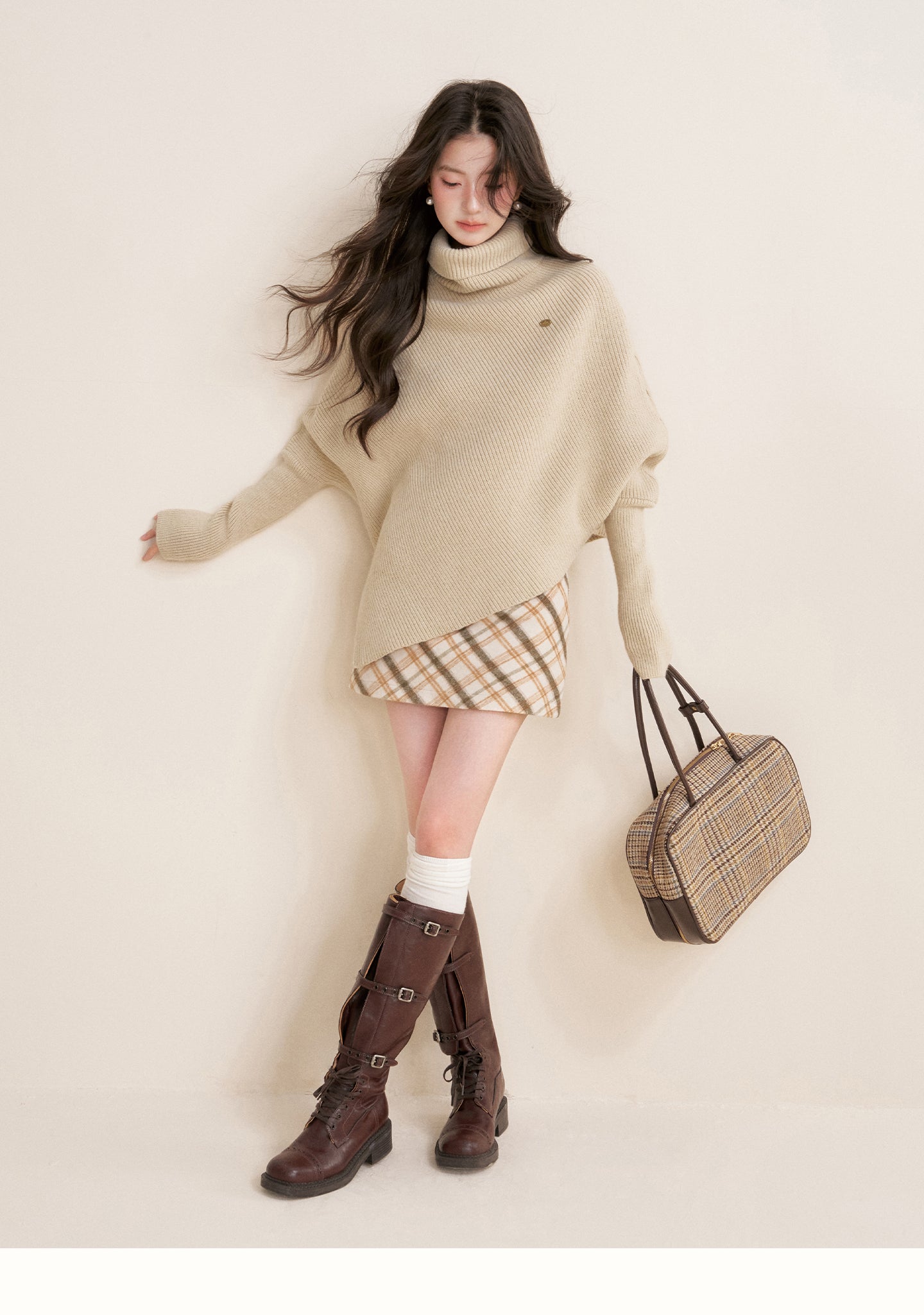 KROCHE Retro Butter Cookie Plaid A-line Wool Short Skirt 25aw