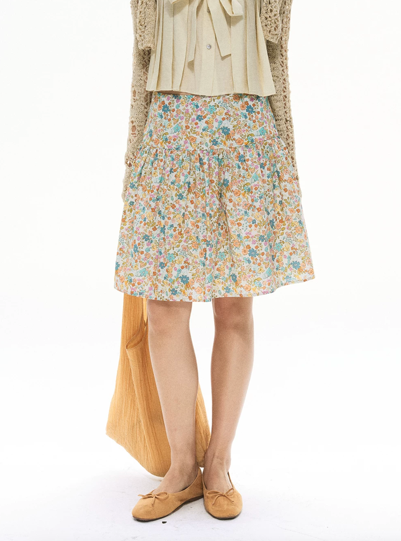 Soolrok Songweiyun midi skirt in one or two colors, elegant, versatile, floral/brown pattern, flattering